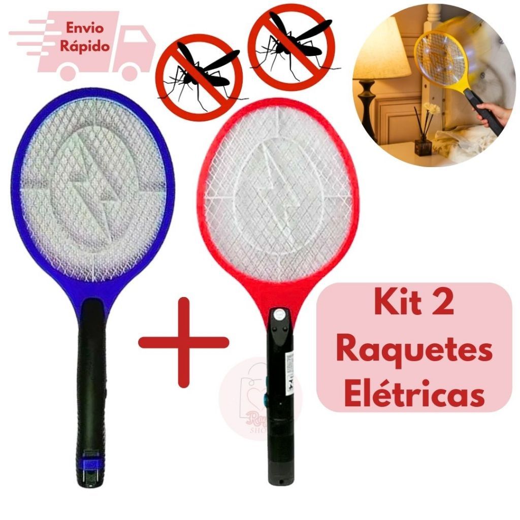 Kit 2 Raquetes Eletrica Mata Mosquitos Insetos Recarregavel Mosca Pernilongo Dengue 110-220V Bivolt