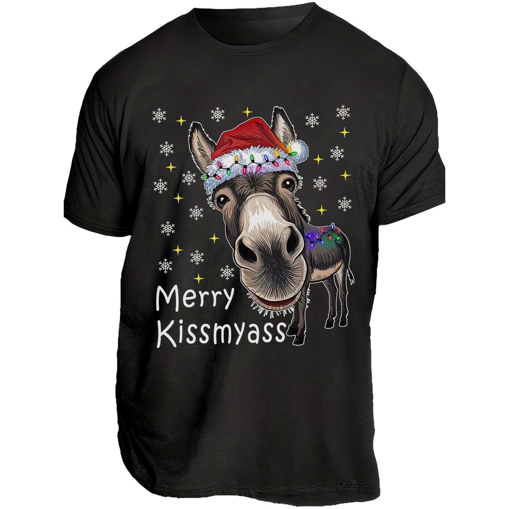 Bonito Camiseta Masculina Plus Size De Algodão Com Orelhas De Burro E Uma Divertida Estampa "Merry Kissmyass"