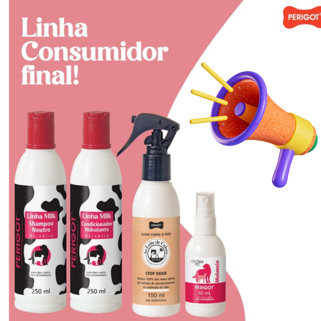 Perigot – Kit Completo Melancia para Pets: Shampoo 250ml + Condicionador 250ml + Colônia 60ml + Banho a Seco 150ml