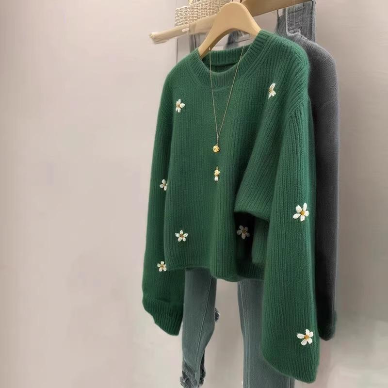 Design sentimento flor verde escuro bordado malhas camisola estilo ocidental único bonito temperamento topo primavera fe