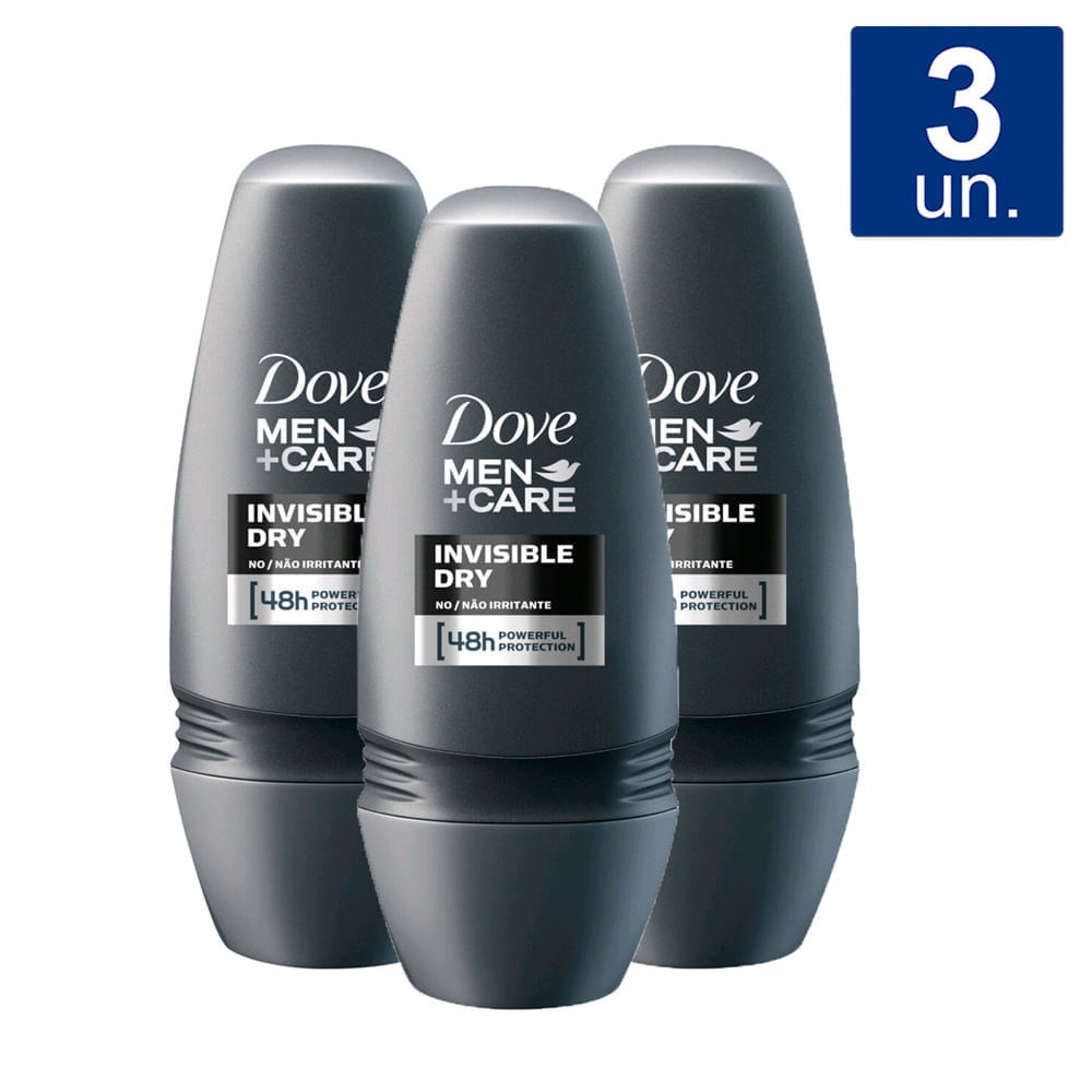 Kit 3 Desodorante Dove Men + Care Invisible Dry  Roll-on Antitranspirante 48h com 50ml
