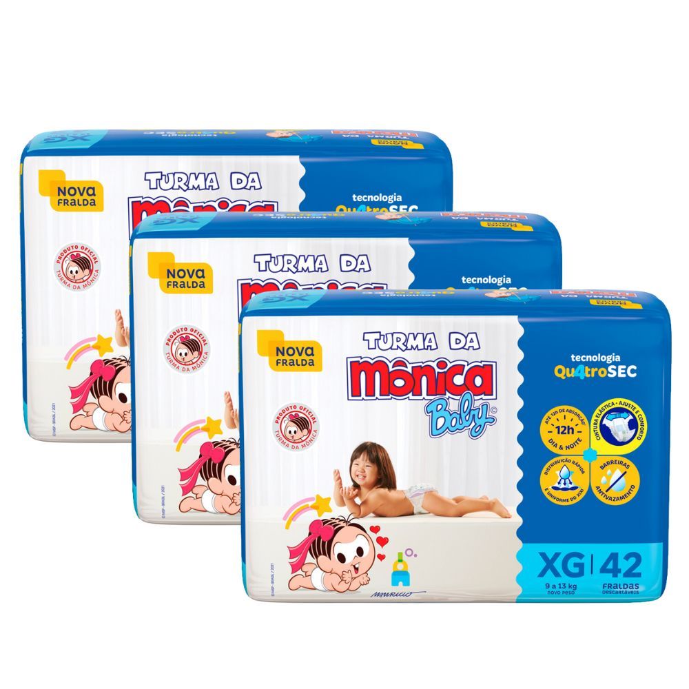Kit 3 Fralda Turma da Mônica Baby Mega Tamanho XG 42 Unidades Descartáveis em Oferta na Shopee