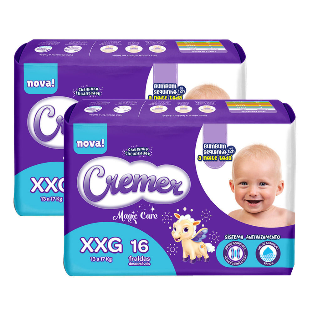 Kit 2 Fralda Cremer Magic Care Tamanho XXG Pacote Prática com 16 Fraldas Descartáveis