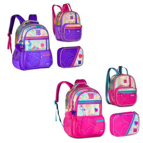 Kit Mochila de Costas ,Lancheira 2em1 e Estojo Rebecca Bonbon Holo Shine