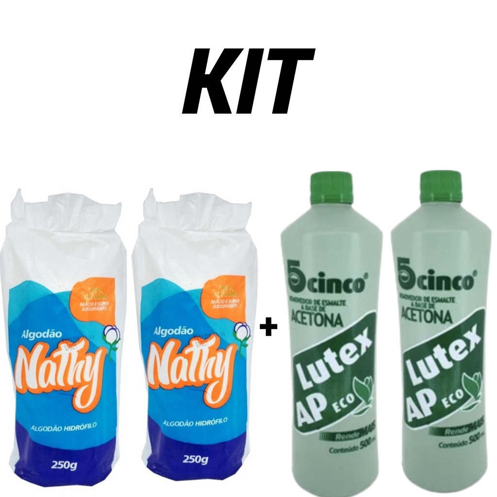 Kit C/2 Unidades de Acetona Lutex 500ml + 2 Pacote Algodão Nathy 250g em Oferta na Shopee