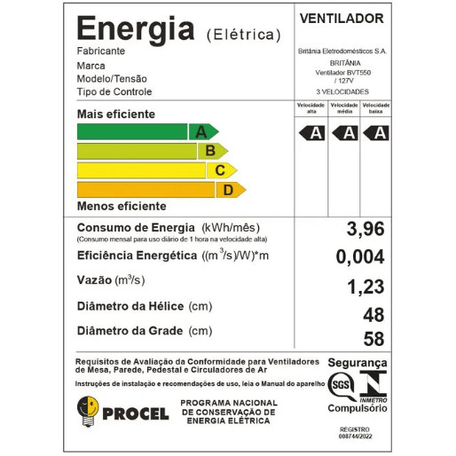 Detalhes do Ventilador de Coluna Britânia 48cm BVT550 Maxx Force Turbo Preto 127v