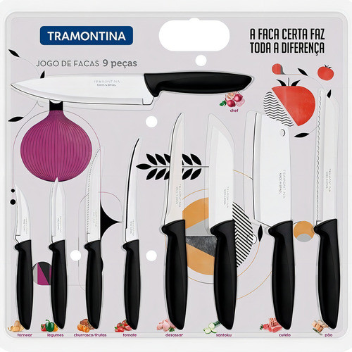 Jogo De Facas CHEF Faqueiro 9 Peças Plenus Aço Inox Tramontina