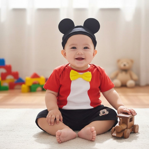 Fantasia De mesvsario Bebê Macacão  Tema Mickey com Touca