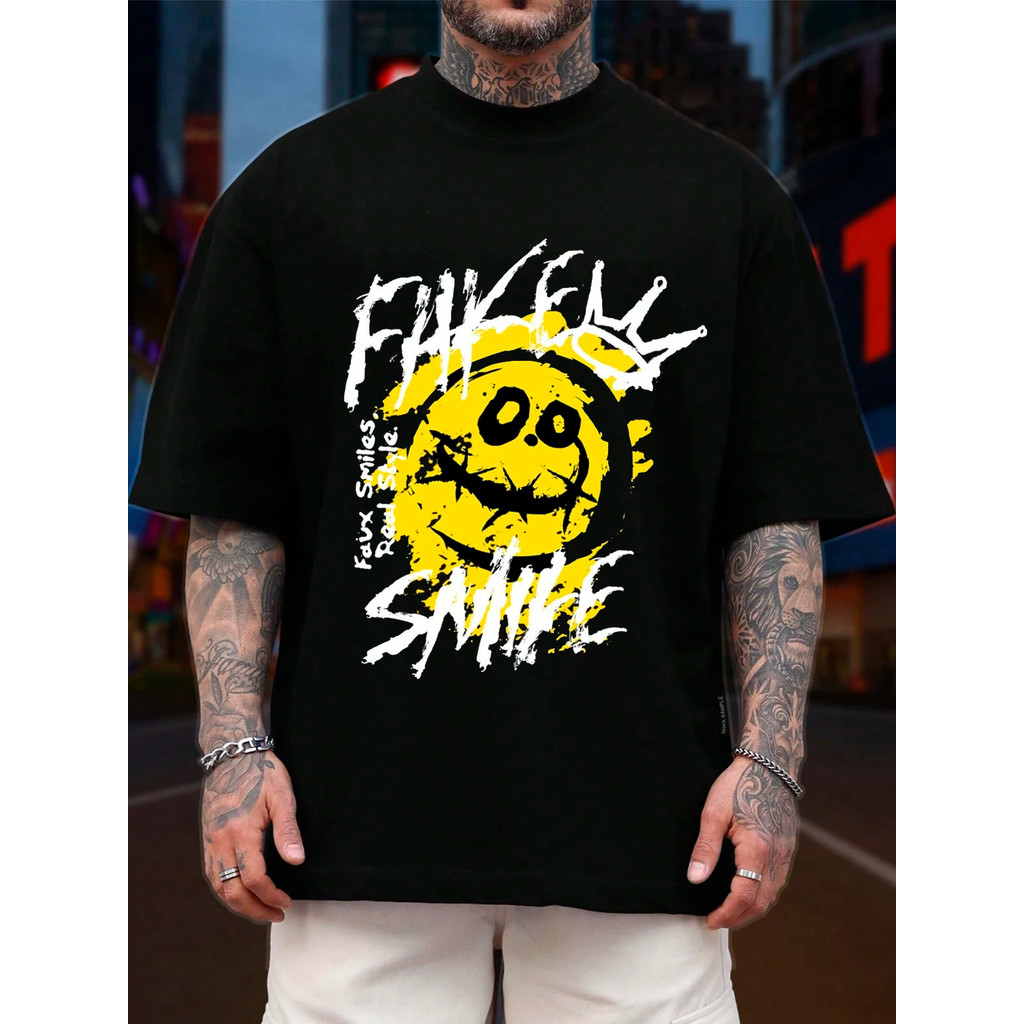 Camiseta Streetwear Modelo Oversized Gola Alta Estampada Fake Smile Masculina Despojada Estilosa Premium