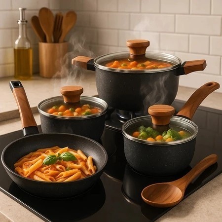 Conjunto 04 Peças Panelas Caçarolas Panelas AntiaderenteTampa Vidro Cozinha Frigideira Recipiente