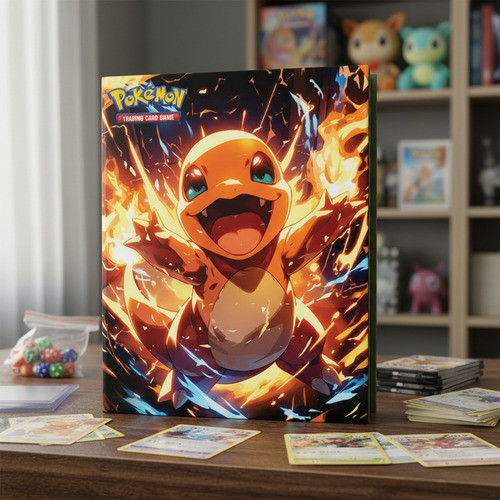 Album Fichario Porta 180 Cartas Charmander Capa Dura Pokemon Preto