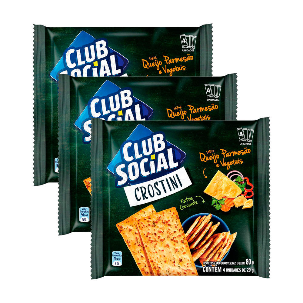 Kit 3 Biscoito Salgado Club Social Crostini Queijo Parmesão e Vegetais 80g