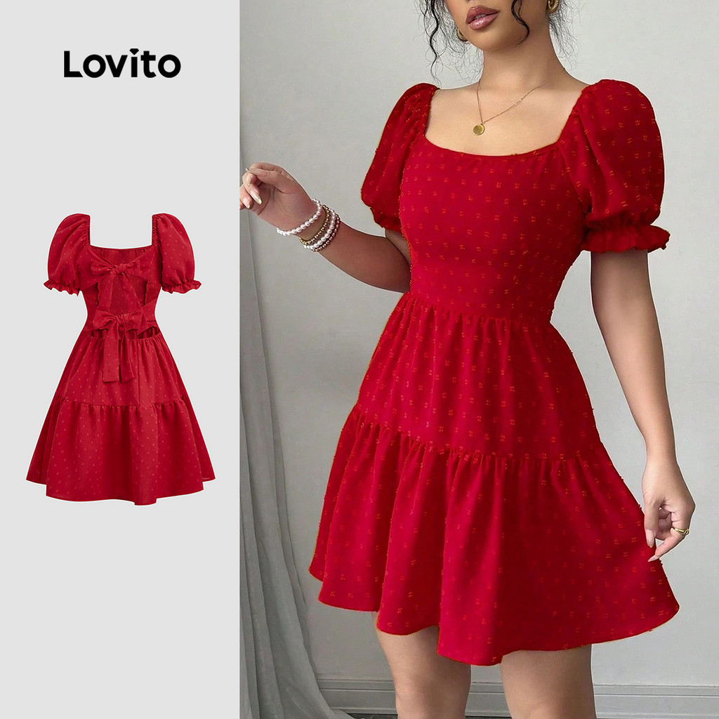 Lovito Vestido Boho De Natal Com Amarração Nas Costas Vermelho Para Mulheres Ideal Para Primavera/verão LBL30084 em Oferta na Shopee