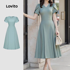 Lovito Elegante Vestido Clássico E Versátil De Camada Dupla Verde Para Mulheres Primavera/verão L157ED490