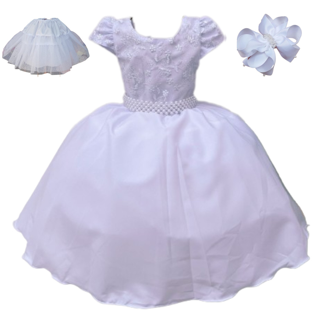 VESTIDO BRANCO DAMINHADE FESTA  LUXO COM SAIOTE EM TULE E LAÇO DE CABELO  P600