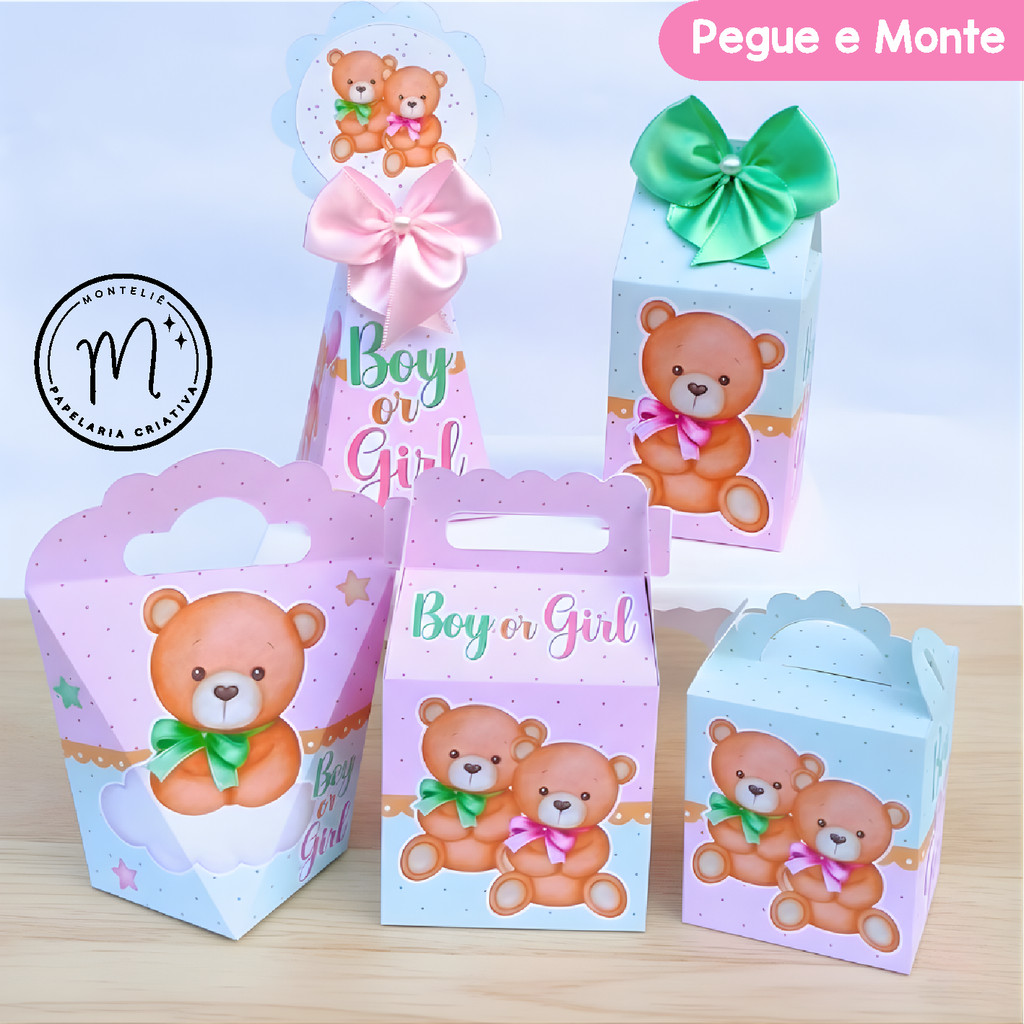 Kit Festa Chá Revelação Verde e Rosa Ursinhos | Personalizados | Lembrancinhas | Caixinhas para Festa | (Pegue e Monte)