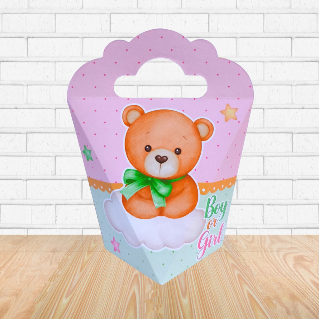 10 Caixas Triangulove Chá Revelação Verde e Rosa Ursinhos | Personalizados | Lembrancinhas | (Pegue e Monte)