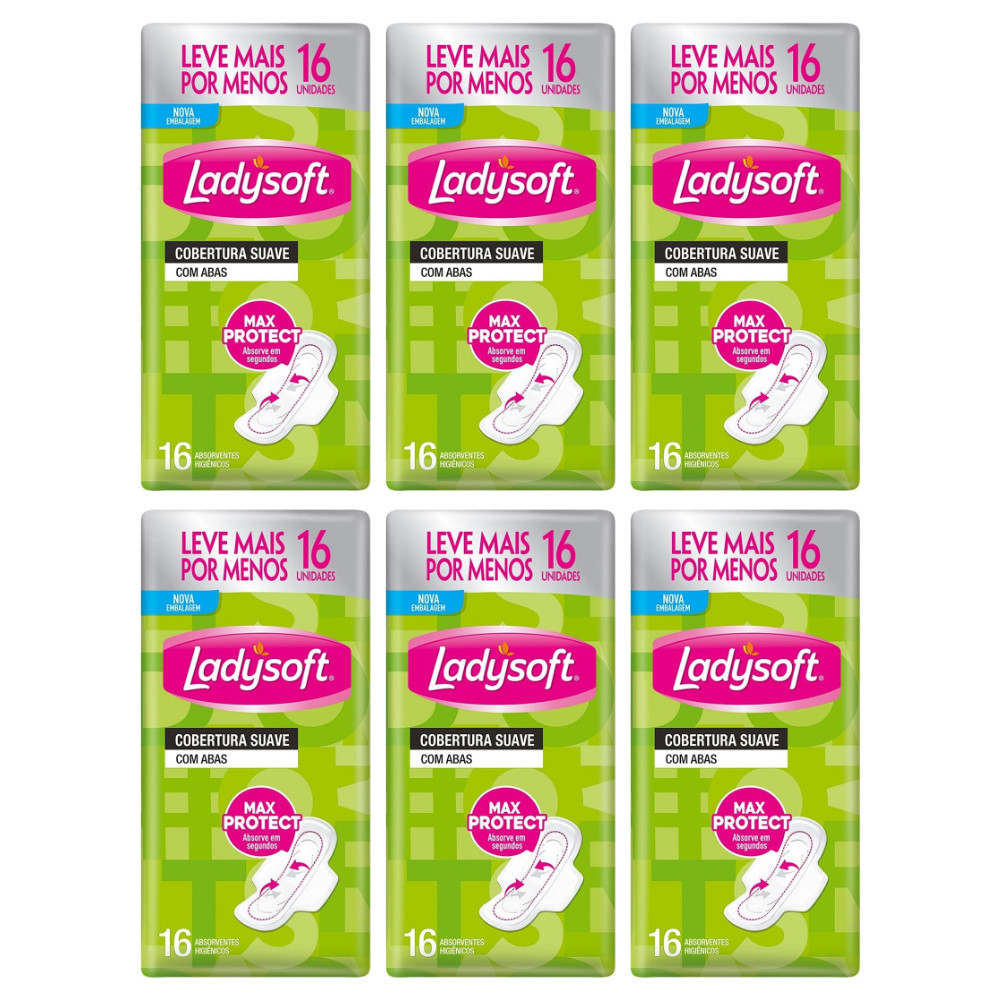 Combo 6x Absorvente Ladysoft Normal Suave com Abas 16un – Toque Macio