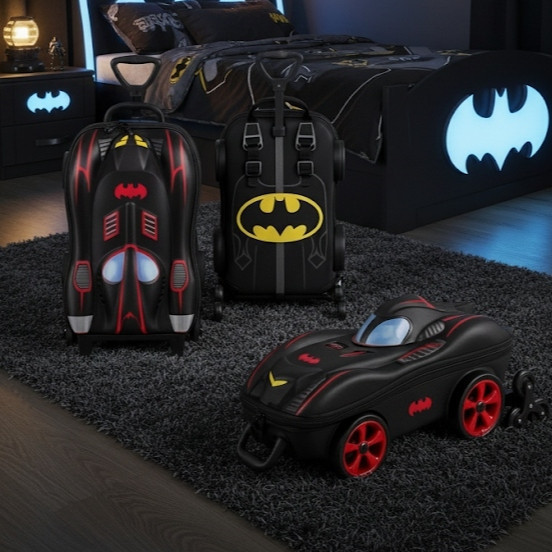 Mala Infantil Batman 3D Rodinhas Escolar Viagem  Personagem Filmes Diversão Compacta Preto