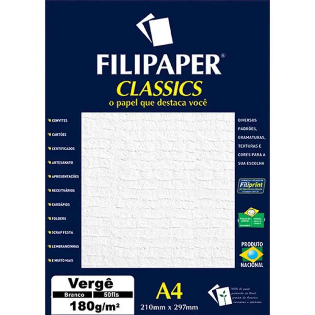 Papel Vergê Branco A4 180g 50 Fls Filipaper