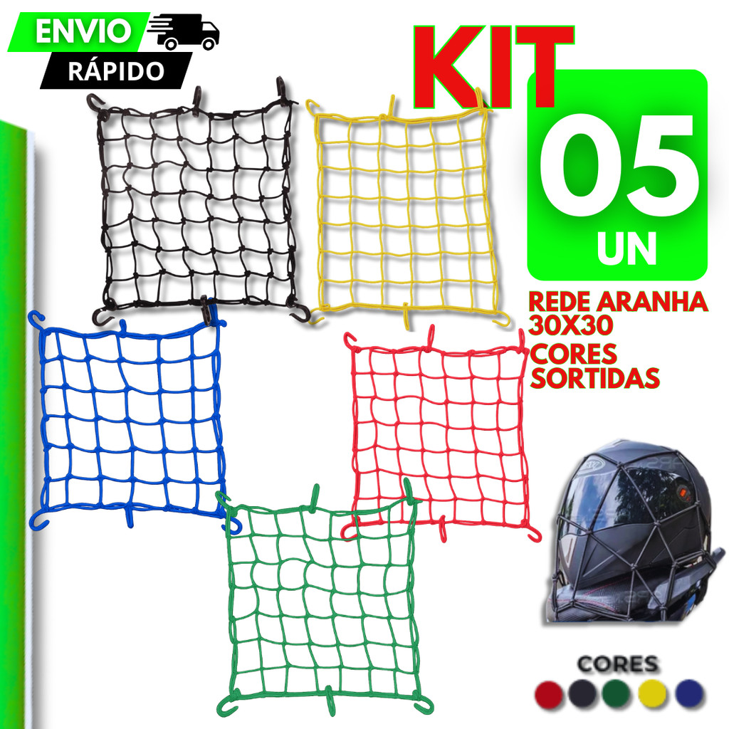 Rede Elástica Aranha Reforçada 30x30cm kit 5/4/3/2 Para Moto 6 Ganchos Fixação Segura Ideal Motoboy Bau