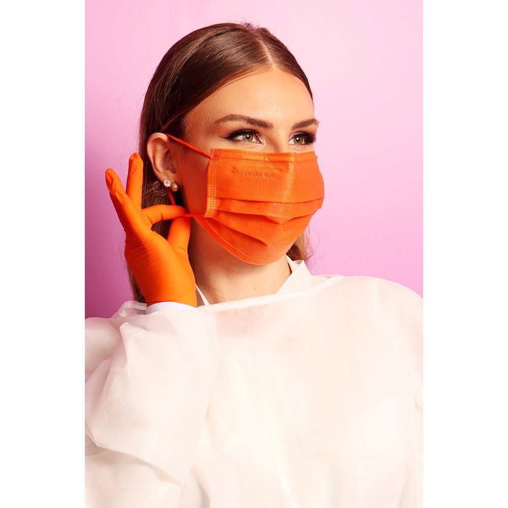 Máscara Descartável Tripla Laranja com Elástico Color com 50 Unidades Destak