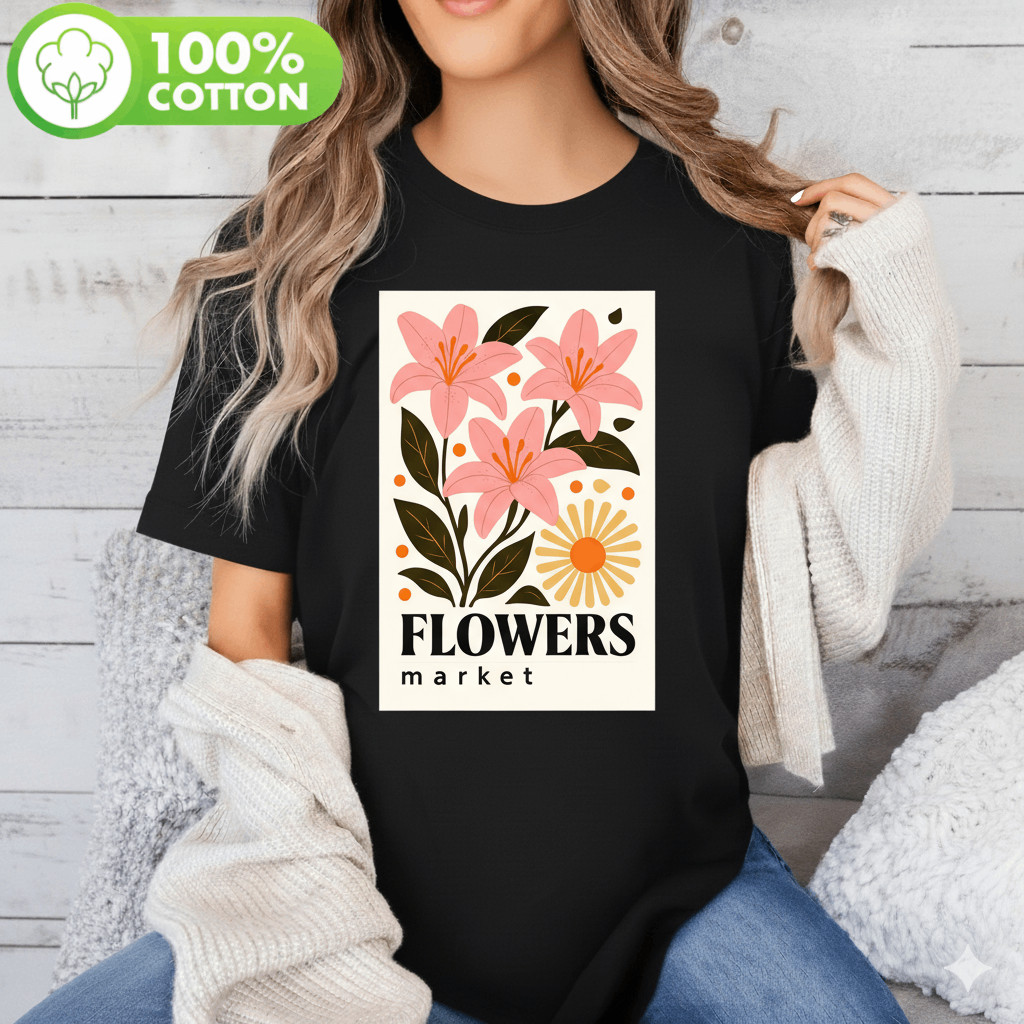 Camiseta Flores Botânicas Vintage Gráfico de Mercado Artístico Elegante Atemporal Estilosa Premium Moda Casual Retrô