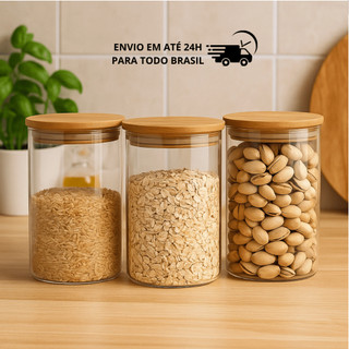 Conjunto 3 Potes de Vidro 800ml Tampa Bambu Hermetico Premium Redondo Mantimentos Tempero Alimentos