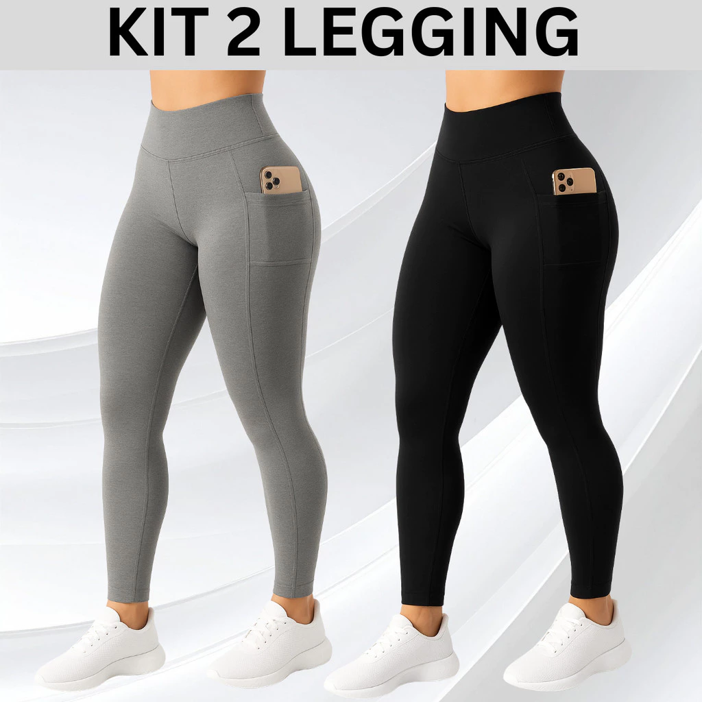 2 Calças Legging com Bolso Lateral Suplex Cós Alto Largo Academia Crossfit Verão Fitness — imagem 1