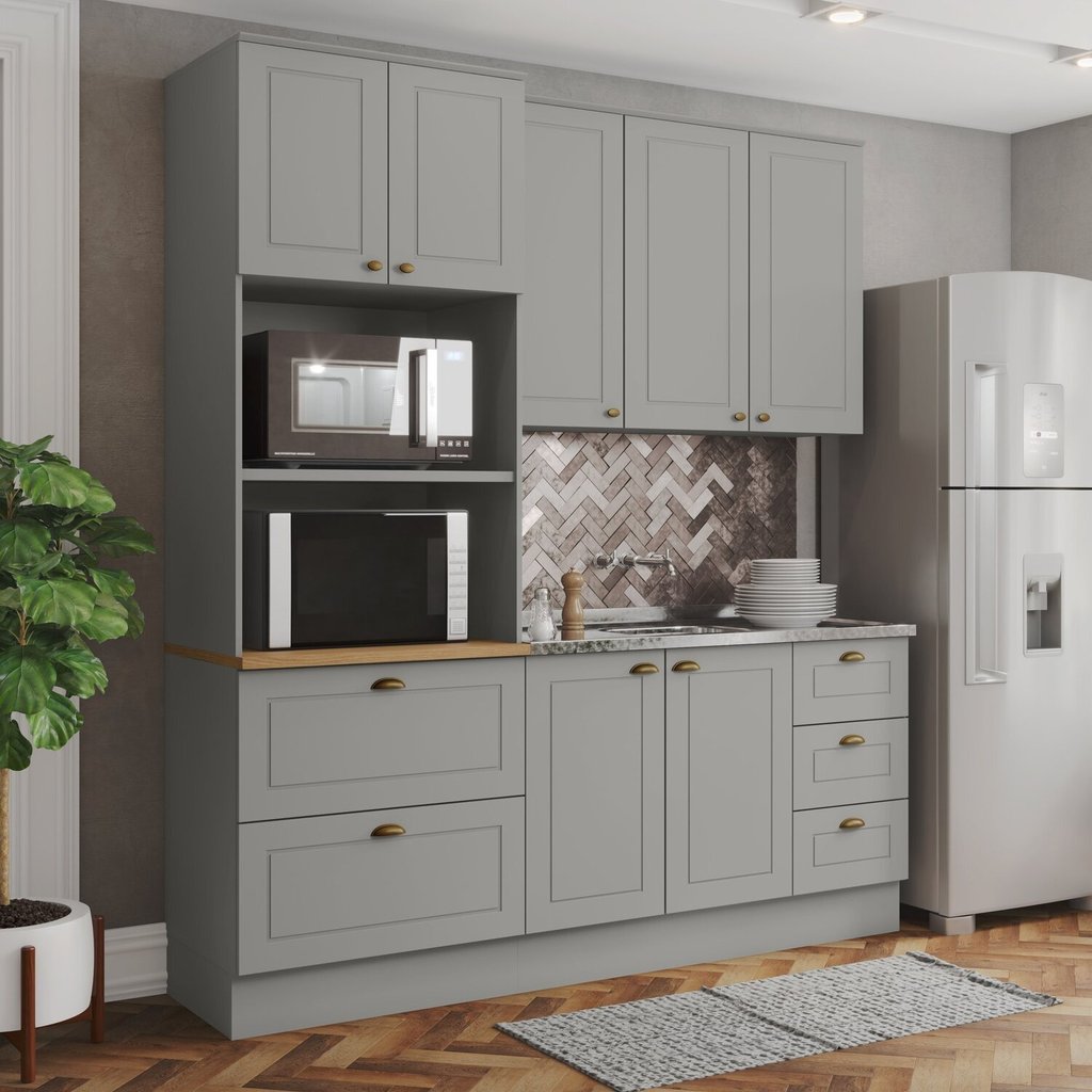 Cozinha Completa 3 Peças 100% Mdf com Torre Quente Americana Cinza em Oferta na Shopee