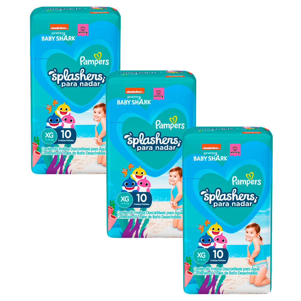Kit 3 Fralda Pampers Splashers para Nadar Baby Shark XG com 10 Unidades Descartáveis em Oferta na Shopee