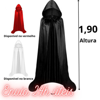 Capa Preta com Capuz Cetim Brilhante – Ideal para Cosplay, Teatro, Festa à Fantasia e Ensaio Fotográfico em Oferta na Shopee