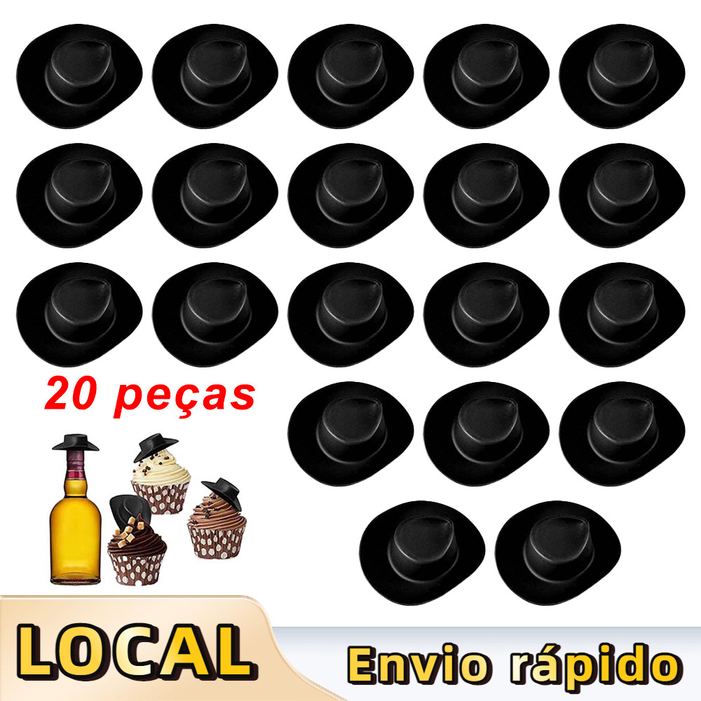 Pacote 20 Mini Chapéu Decorativo Cowboy - 5,4x4,6cm Plástico Preto, para Festa e Decoração