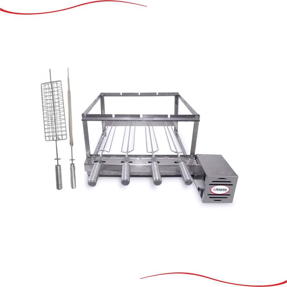 Kit Elétrico Giratório para Churrasqueira Gira 4 Espetos + 1 Espeto Espada + 1 Espeto Grelha - Brasa Grill