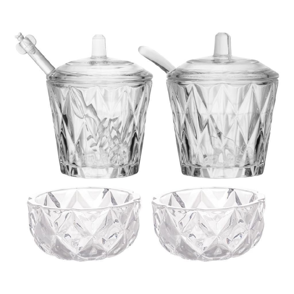 Conjunto Açucareiro Meleira e 2 Tigelas Diamond Cristal Mesa Posta Café Da Manhã Decoração Chique