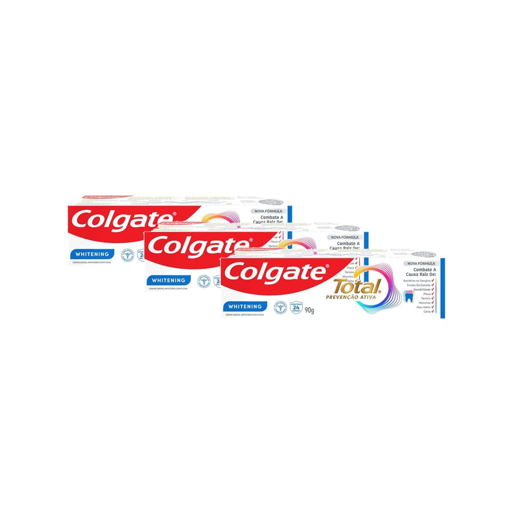 Kit 3 Creme Dental Colgate Total Prevenção Ativa Whitening com Flúor 90g em Oferta na Shopee