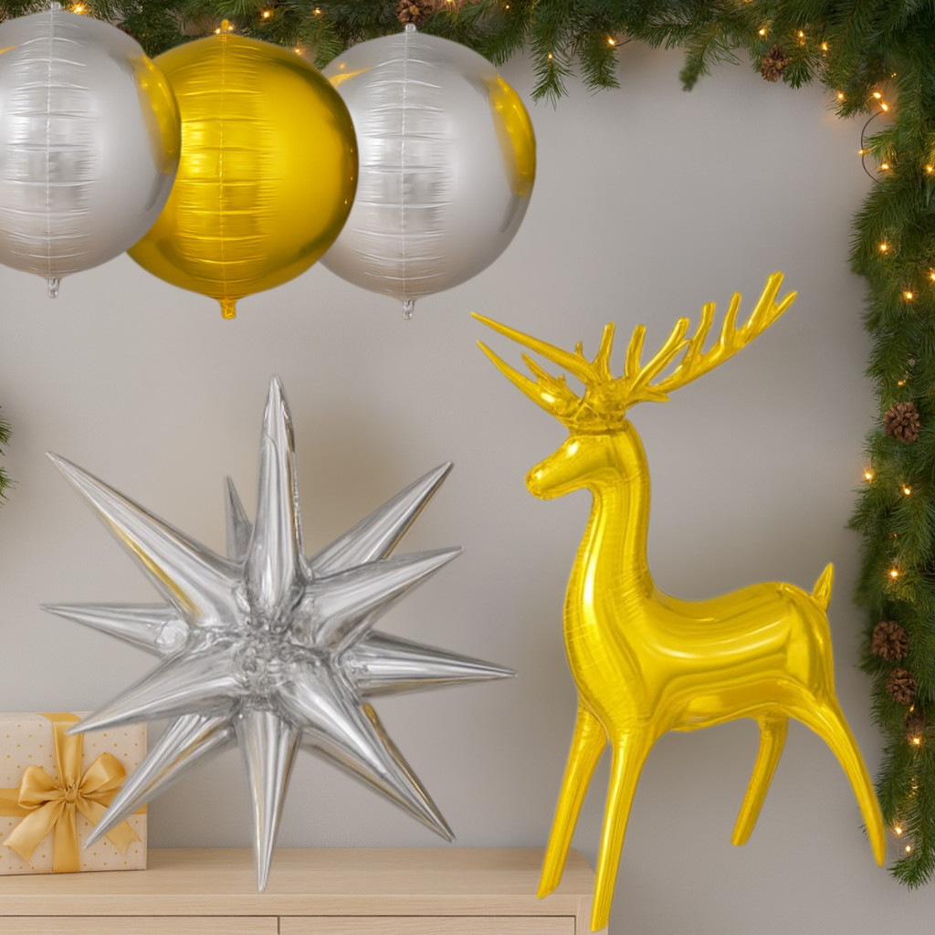 Balão Globo Orbis Dourado 63cm / Balão Estrela Sputnik Dourado 45*55 cm14 Pontas / Rena Metalizada