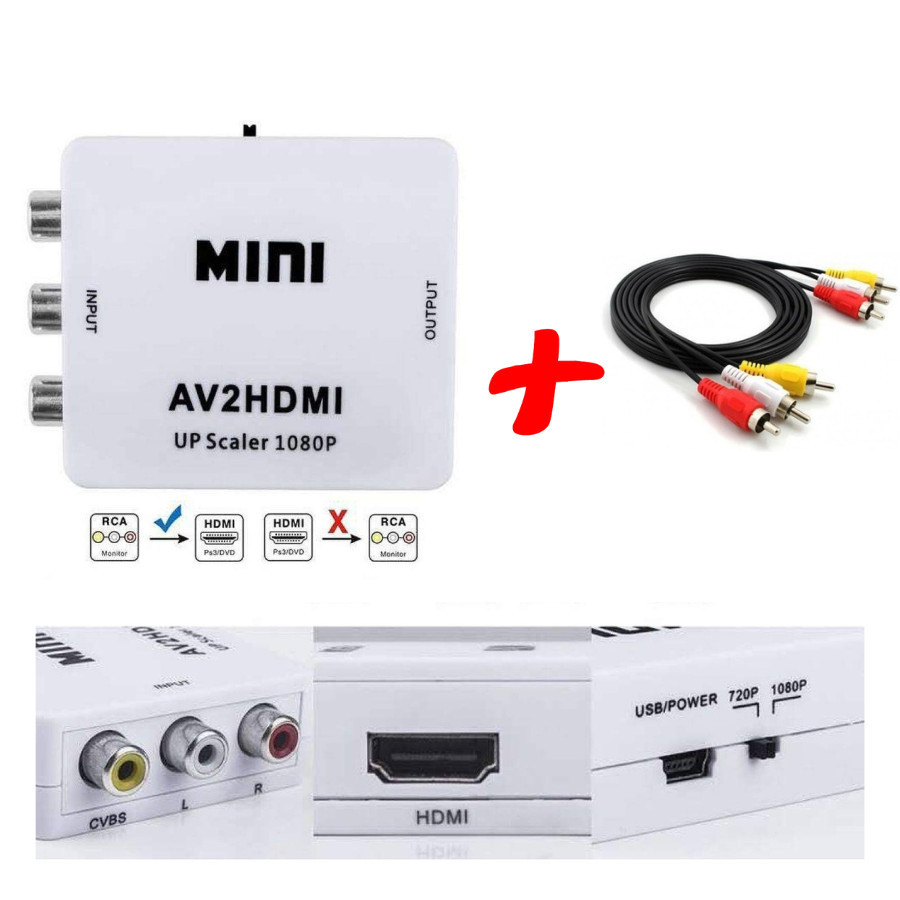 Kit Conversor mini Av 3 Rca Para Hdmi Adaptador Vídeo Áudio + Cabo RCA