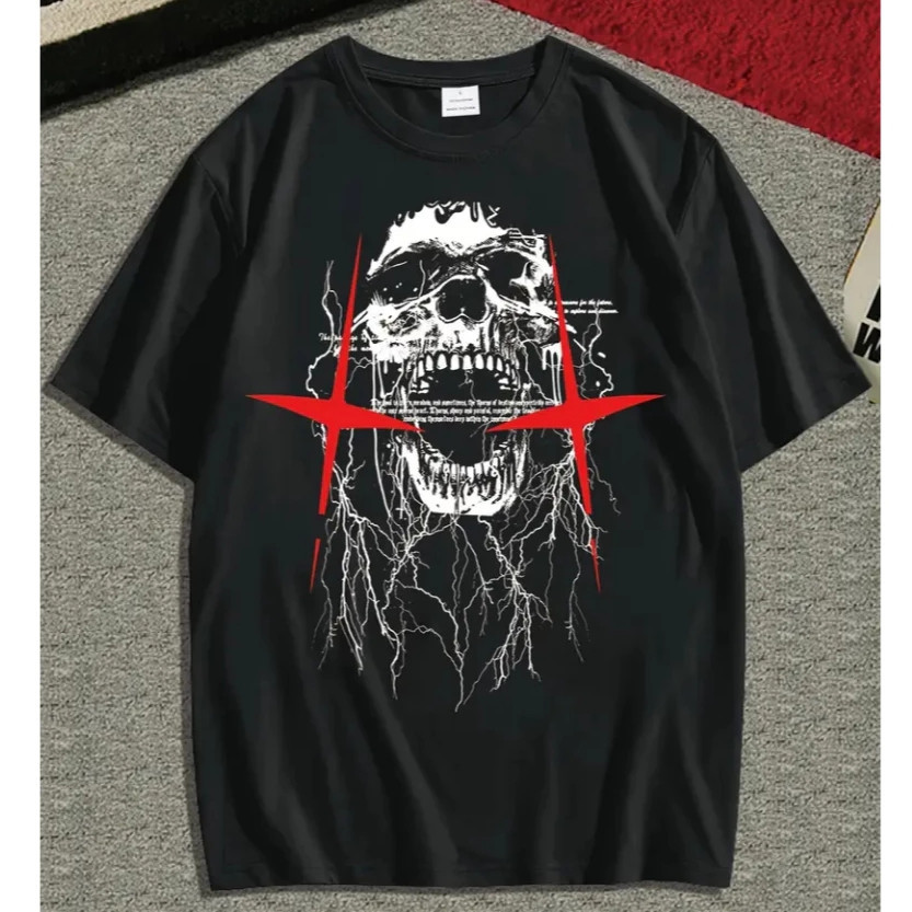 Camiseta Oversized Preta Unissex "Caveira e Relâmpago Estilo Hardcore Escuro" T-Shirt Único em Oferta na Shopee
