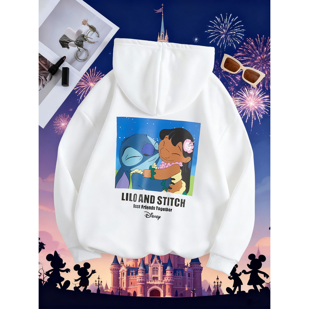 [Disney] < Star Treasure > Lilo e Stitch Melhor amigo fofo estilo divertido moletom branco com capuz, Top com capuz outo