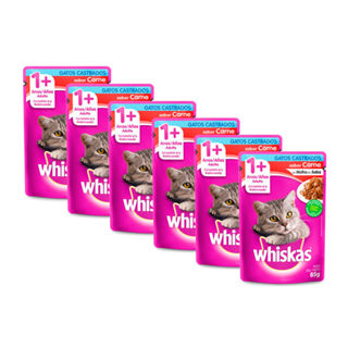 Kit 6 Ração Úmida para Gatos Whiskas Adultos 1+ Anos Castrados Sabor Carne em Sachê 85g em Oferta na Shopee