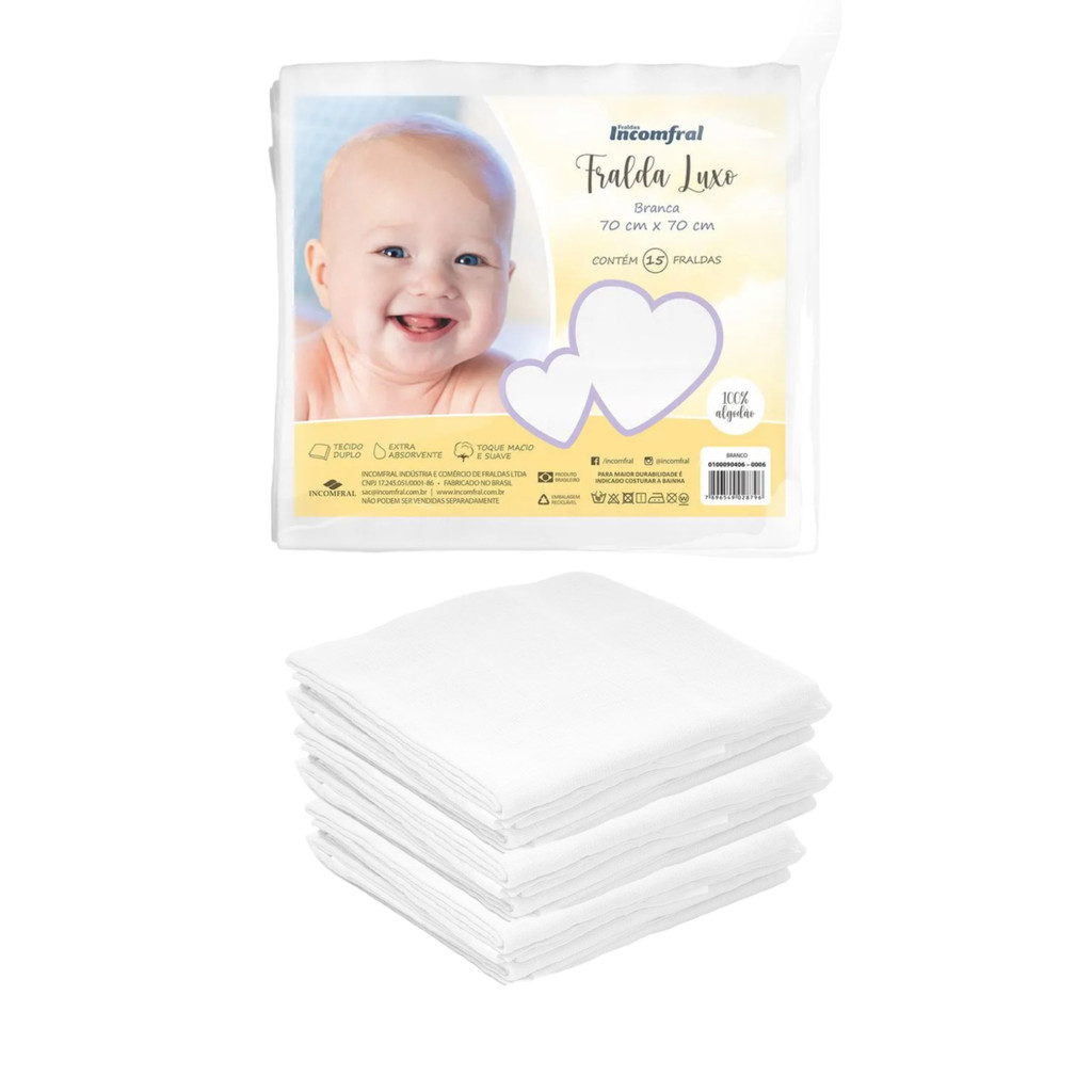 Fralda Pinte E Borde Branca 100% Algodão 70x70 Kit Com 15 Unidades