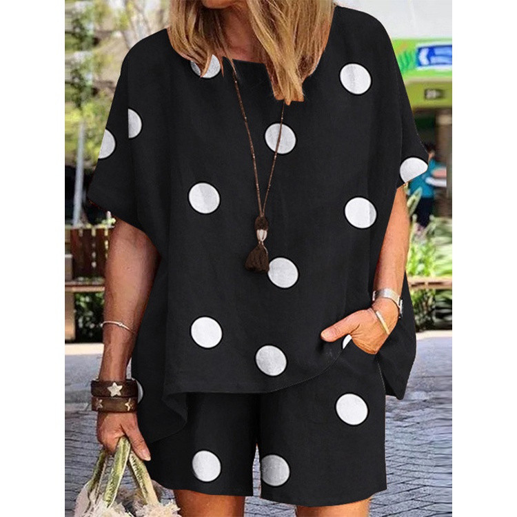 Conjunto De Linho Feminino Verão Solto Em Torno Do Pescoço Manga Curta Polka Dot Impresso Agasalho Casual Topo E Curto 2