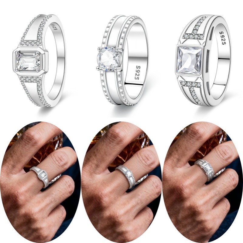 Anel masculino Original S925 prata esterlina simples quadrado diamante anel masculino geométrico quadrado diamante anel