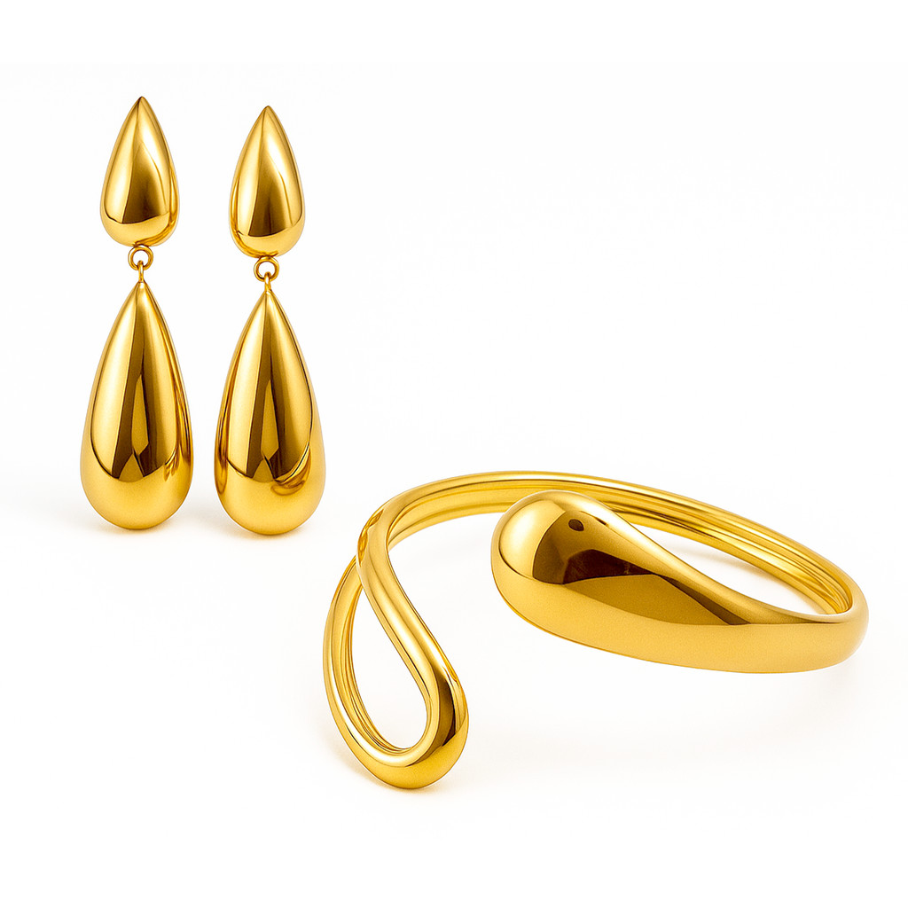 Kit Brinco Gota Dupla Grande e Bracelete Liso Oval Vazado PVD Dourado