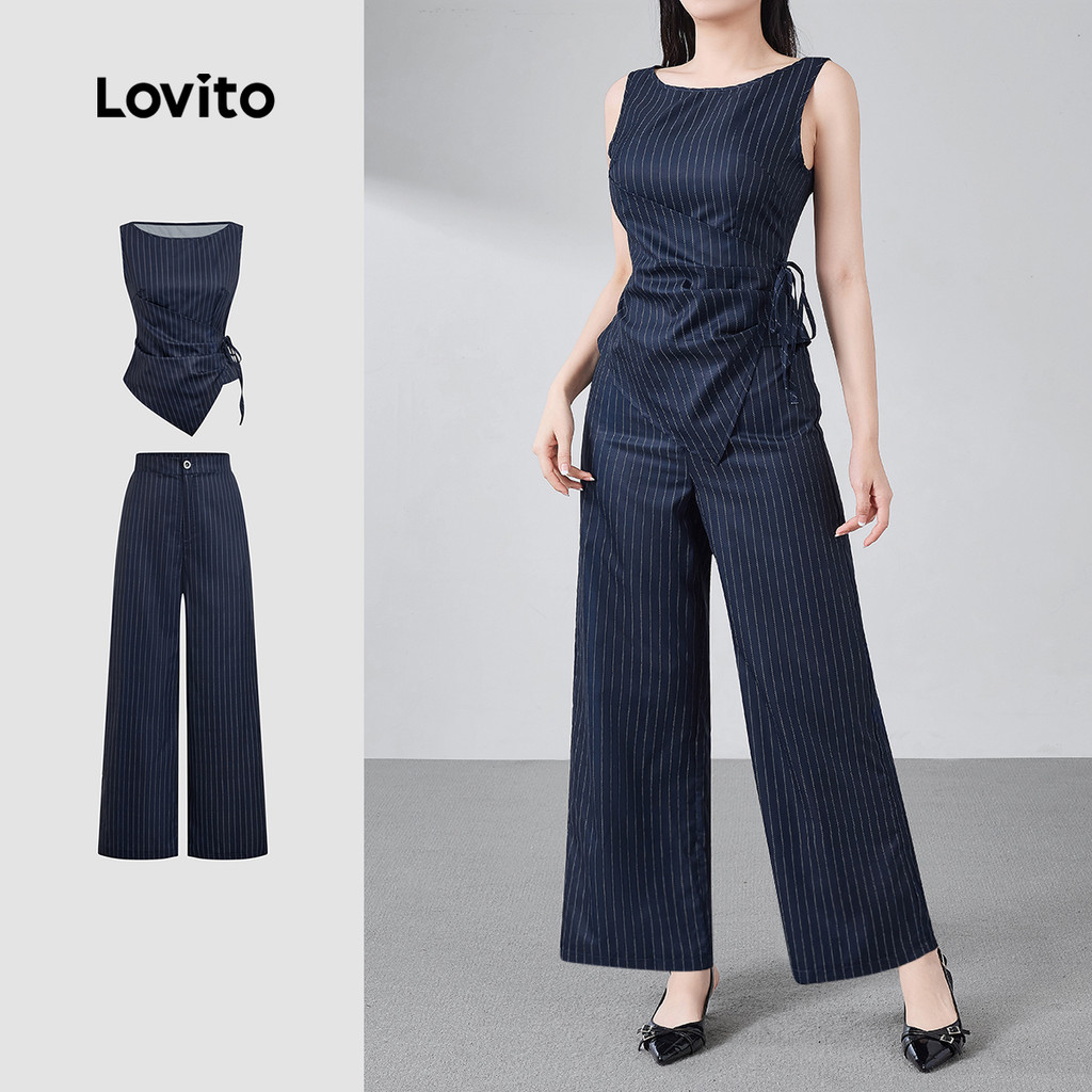 Lovito Blusas ou Calças Casuais Primavera/verão Terno Azul Escuro para mulheres L159AD569 em Oferta na Shopee