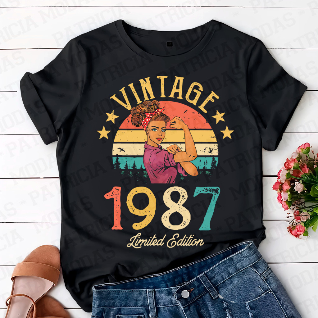 Camiseta Vintage 1987 Feminina 100% Algodão Estampa Mulher P ao G2 Plus Size