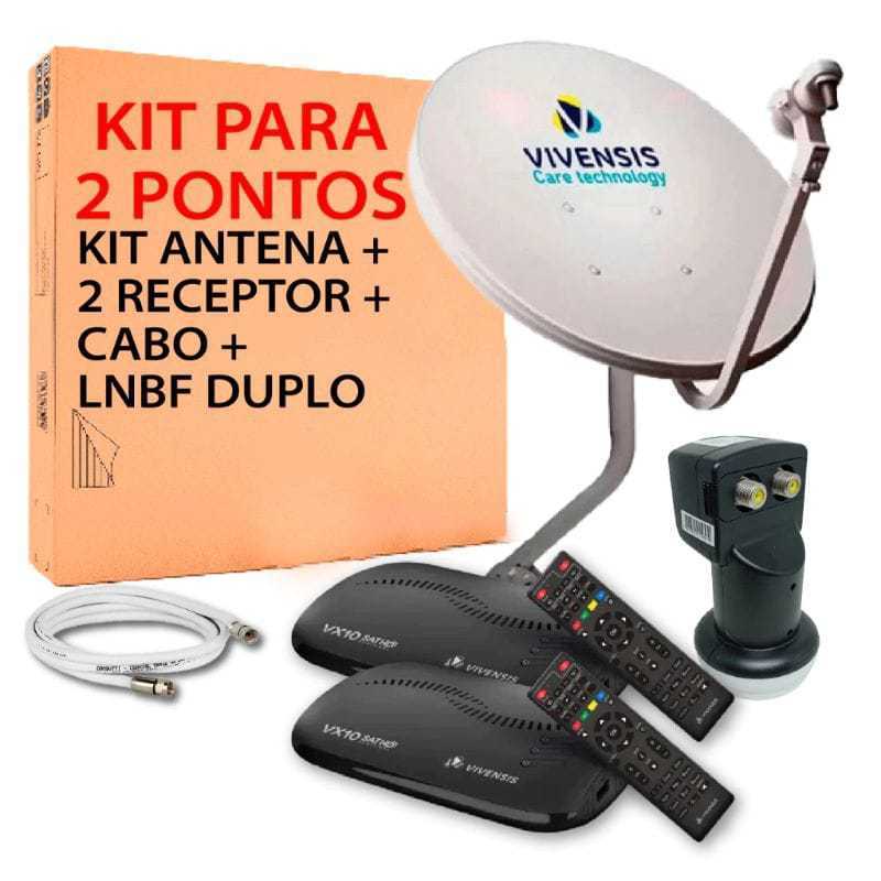 Kit Duplo Vivensis VX10 + Antena KU 60cm + LNBF Duplo + 2 Cabos de 15m