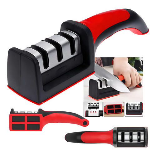 Amolador Afiador Faca Facao 3 Em 1 Manual Aço Inox Cozinha Vermelho