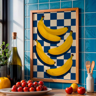 Quadro Decorativo cozinha Bananas Arte Pop Moderna Fundo Quadriculado
